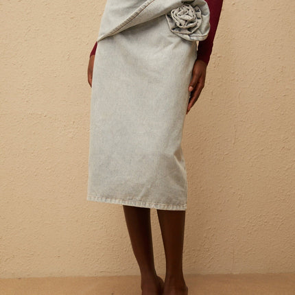 Zélie Blue Floral Appliqué Denim Midi Skirt
