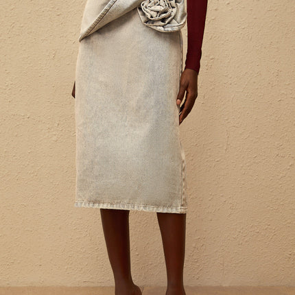 Zélie Blue Floral Appliqué Denim Midi Skirt