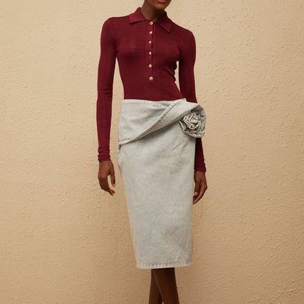 Zélie Blue Floral Appliqué Denim Midi Skirt
