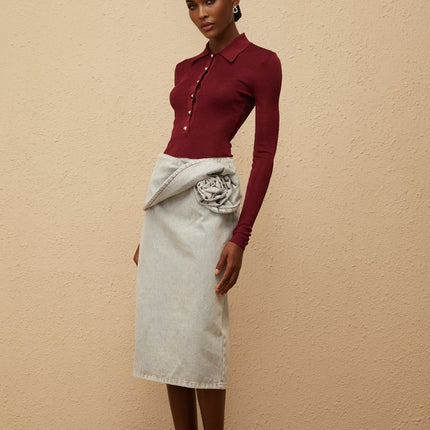 Zélie Blue Floral Appliqué Denim Midi Skirt