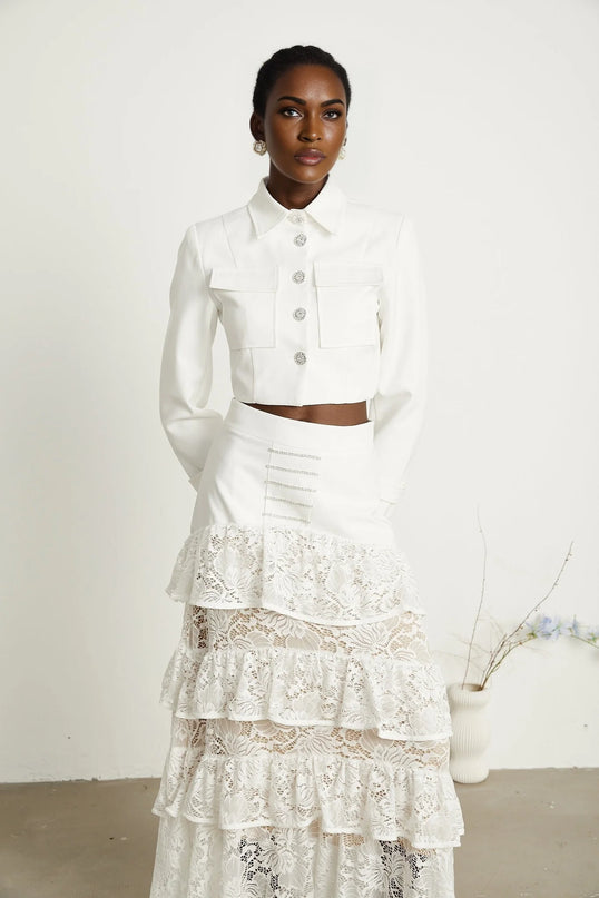 Zélie white lacepanel jacket  skirt matching set