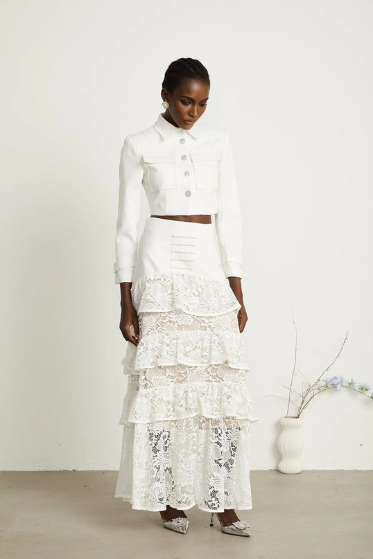 Zélie white lacepanel jacket  skirt matching set