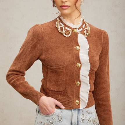 Zelinda Brown White Ruffled Knit Cardigan