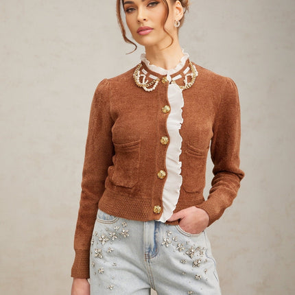 Zelinda Brown White Ruffled Knit Cardigan