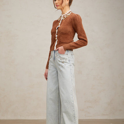 Zelinda Brown White Ruffled Knit Cardigan with Gold Buttons and Faux-Pearl Embellishments