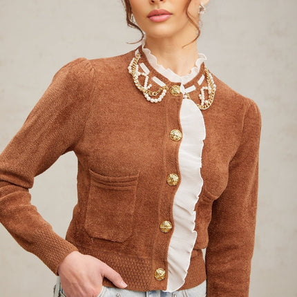 Zelinda Brown White Ruffled Knit Cardigan