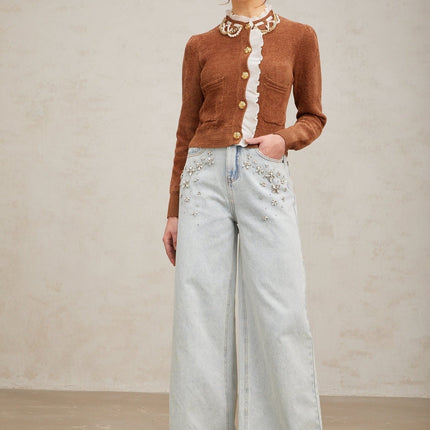 Zelinda Brown and White Ruffled Knit Cardigan