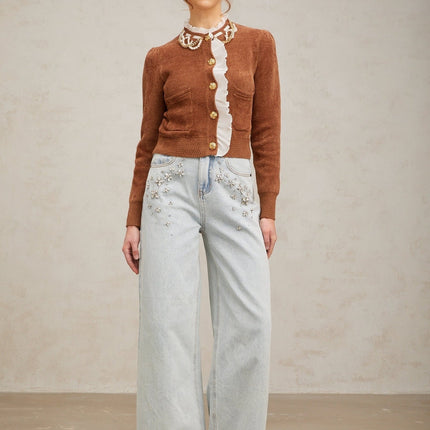 Zelinda Brown White Ruffled Knit Cardigan with Gold Buttons and Faux-Pearl Embellishments