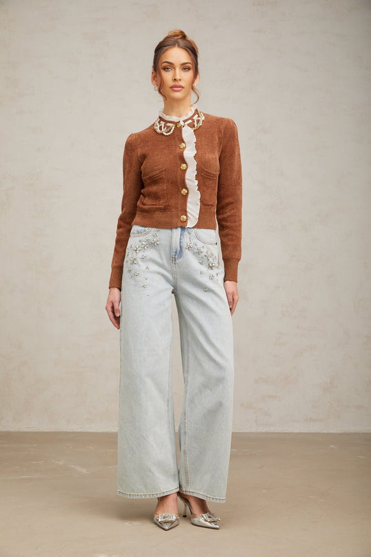 Zelinda Brown White Ruffled Knit Cardigan with Gold Buttons and Faux-Pearl Embellishments