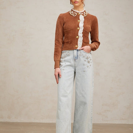 Zelinda Brown White Ruffled Knit Cardigan