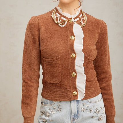 Zelinda Cardigan Brown White Ruffled Knit Embellished Gold Buttons Faux-Pearl Chain-Link Detailing Patch Pockets Press-Stud Fastening Acrylic Nylon Sophisticated Style