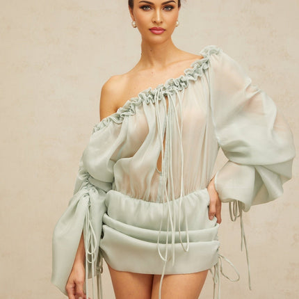 Zelinda Green One-Shoulder Mini Dress Ruffled Trim Self-Tie Open-Back Long Puff Sleeves Semi-Sheer Fabric