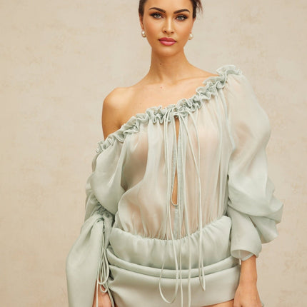 Zelinda Green One Shoulder Mini Dress Ruffled Trim Self Tie Open Back Puff Sleeves