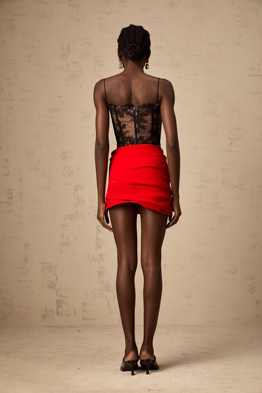 Zelmira Black Lace Bustier Cropped Top with Spaghetti Straps and Corset Design