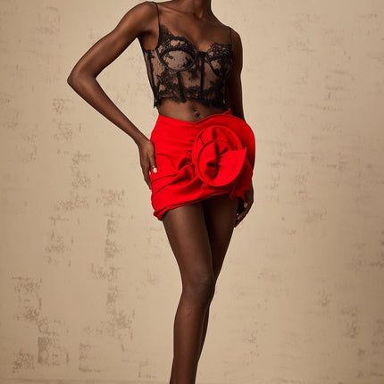 Zelmira Black Lace Bustier Cropped Top with Spaghetti Straps and Corset Style Design