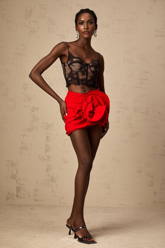 Zelmira Black Lace Bustier Cropped Top with Spaghetti Straps and Corset Style Design