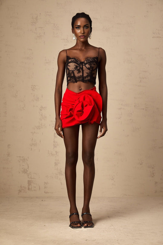 Zelmira Black Lace Bustier Cropped Top with Spaghetti Straps and Corset Design