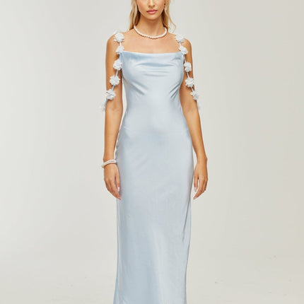 Zelmira Blue Floral Maxi Dress in Luxurious Satin with Cowl Neck and Low Back Design