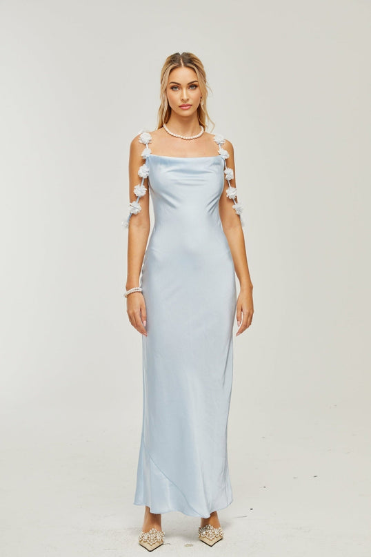 Zelmira Blue Floral Maxi Dress in Luxurious Satin with Cowl Neck and Low Back Design