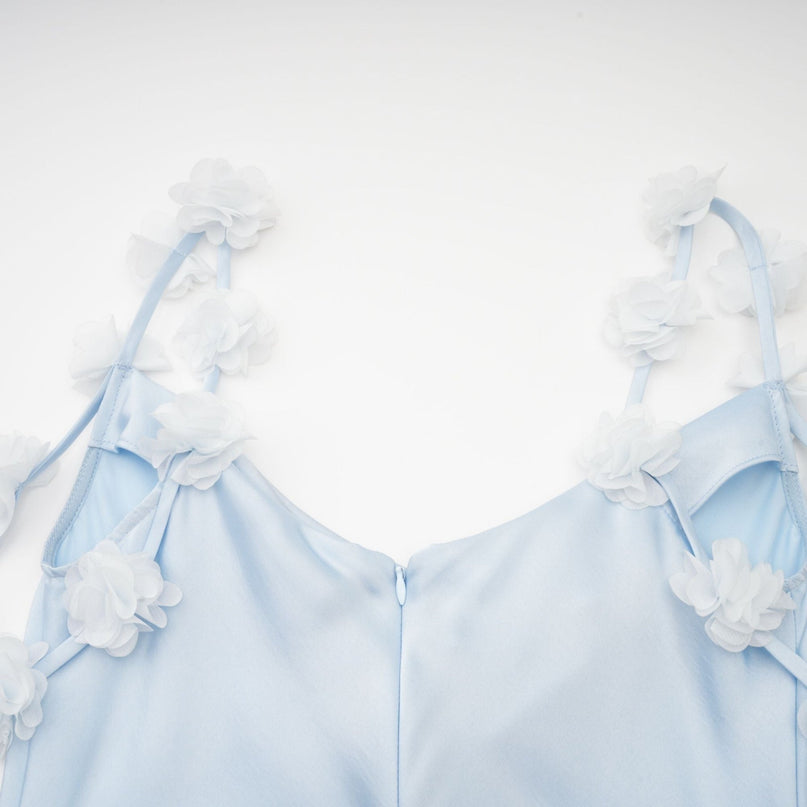 Zelmira Blue Floral Maxi Dress in Luxurious Satin with Cowl Neck and Low Back Design