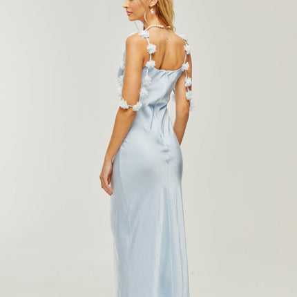 Zelmira Blue Floral Maxi Dress in Luxurious Satin with Cowl Neck and Low Back Design