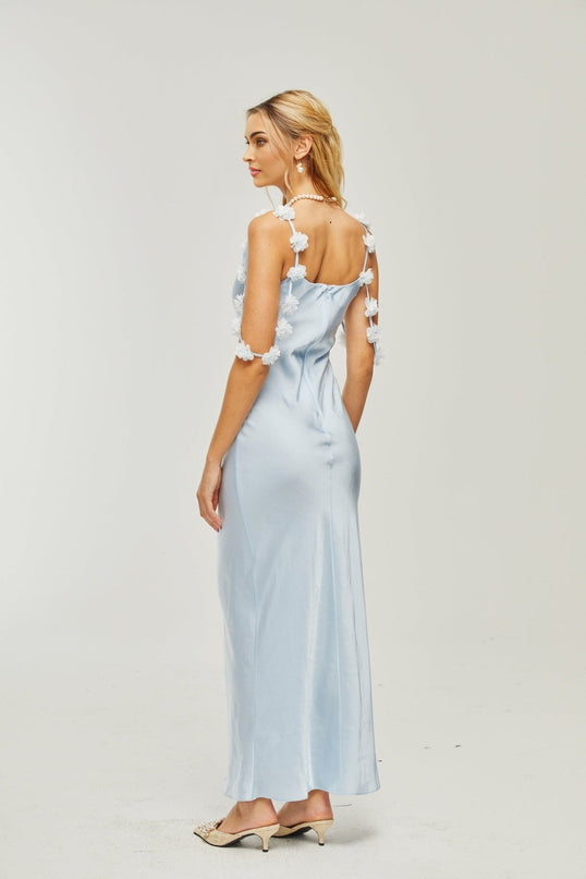 Zelmira Blue Floral Maxi Dress in Luxurious Satin with Cowl Neck and Low Back Design