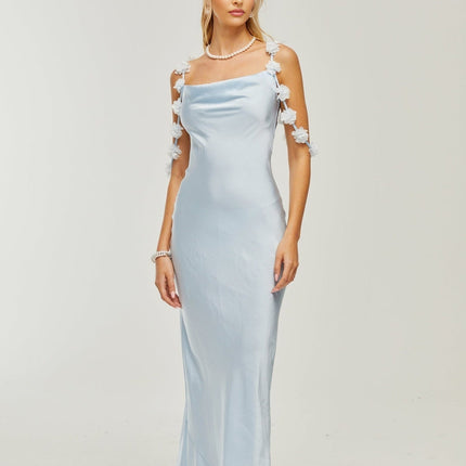 Zelmira Blue Floral Maxi Dress in Luxurious Satin with Cowl Neck and Low Back Design