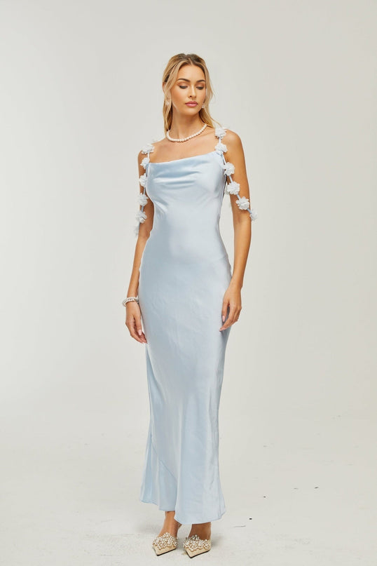 Zelmira Blue Floral Maxi Dress in Luxurious Satin with Cowl Neck and Low Back Design