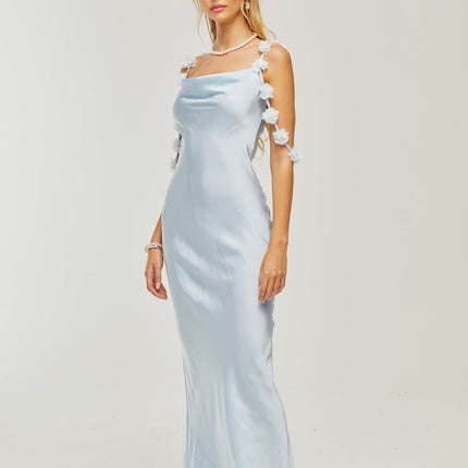 Zelmira Blue Floral Maxi Dress in Luxurious Satin with Cowl Neck and Low Back Design