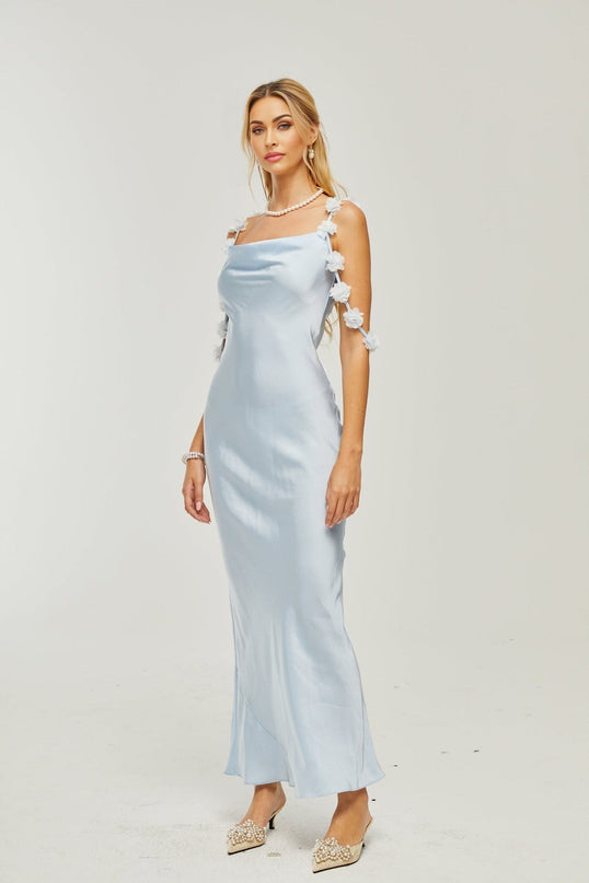 Zelmira Blue Floral Maxi Dress in Luxurious Satin with Cowl Neck and Low Back Design