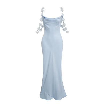 Zelmira Blue Floral Maxi Dress Satin Cowl Neck Low Back Floor Length Special Occasion