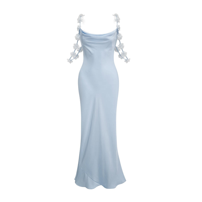 Zelmira Blue Floral Maxi Dress Satin Cowl Neck Low Back Floor Length Special Occasion