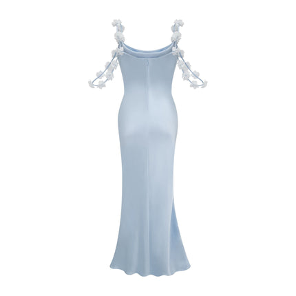 Zelmira Blue Floral Maxi Dress in Luxurious Satin with Cowl Neck and Low Back Design