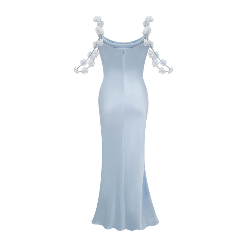 Zelmira Blue Floral Maxi Dress in Luxurious Satin with Cowl Neck and Low Back Design