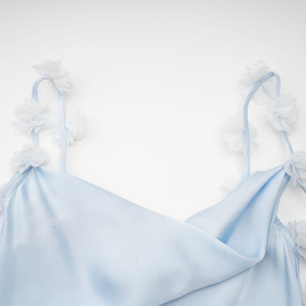 Zelmira Blue Floral Maxi Dress in Luxurious Satin with Cowl Neck and Low Back Design