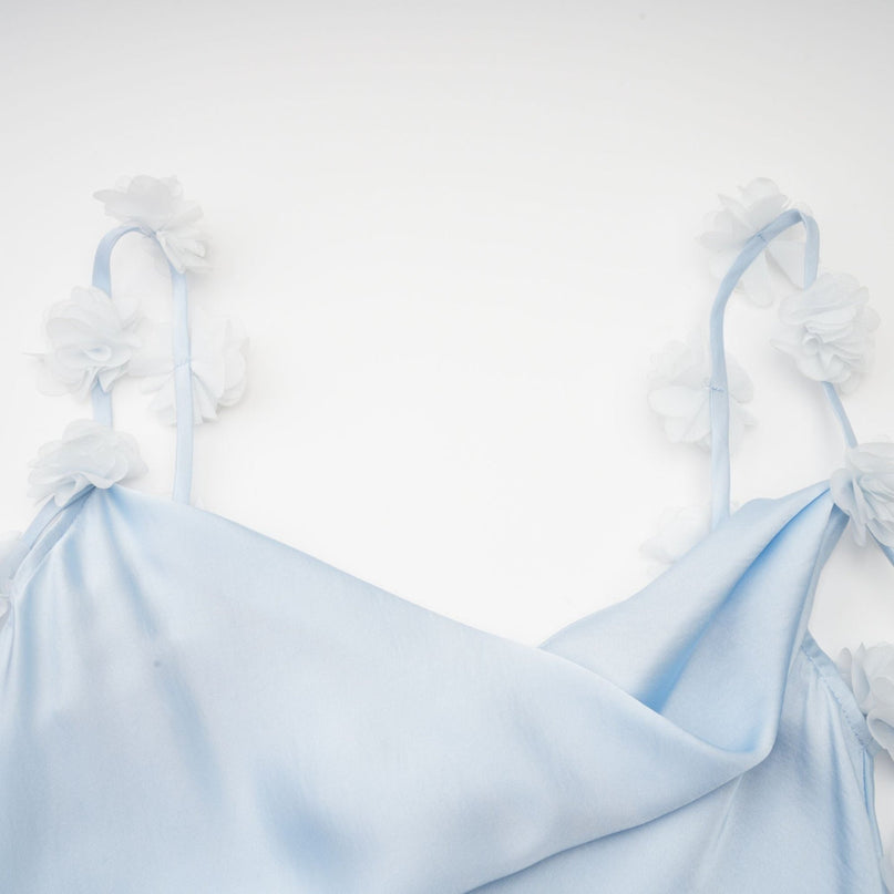 Zelmira Blue Floral Maxi Dress in Luxurious Satin with Cowl Neck and Low Back Design