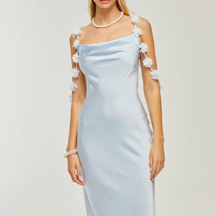 Zelmira Blue Floral Maxi Dress in Luxurious Satin with Cowl Neck and Low Back Design