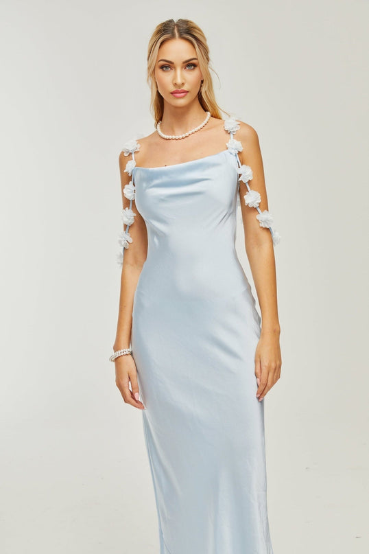 Zelmira Blue Floral Maxi Dress in Luxurious Satin with Cowl Neck and Low Back Design