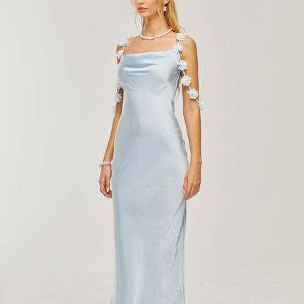 Zelmira Floral Maxi Dress in Blue Satin with Cowl Neck and Low Back Design