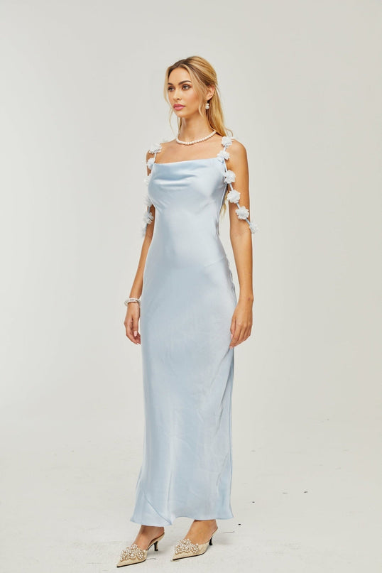 Zelmira Floral Maxi Dress in Blue Satin with Cowl Neck and Low Back Design