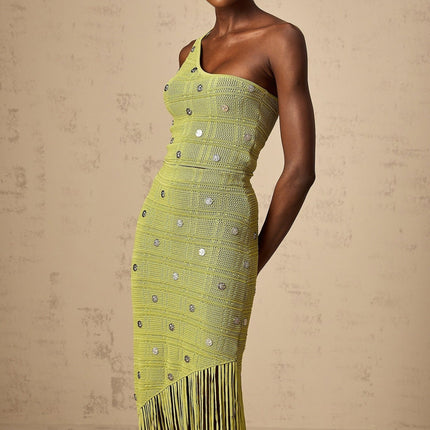 Zelmira Green Embellished Knit Top and Skirt Set