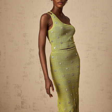 Zelmira Green Embellished Knit Top and Skirt Set