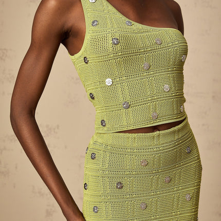 Zelmira Green Embellished Knit Top Skirt Set