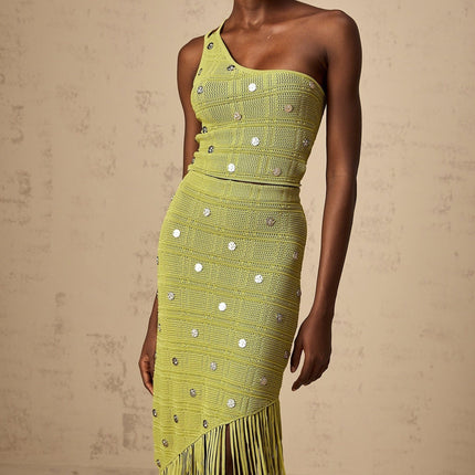 Zelmira Green Embellished Knit Top and Skirt Set