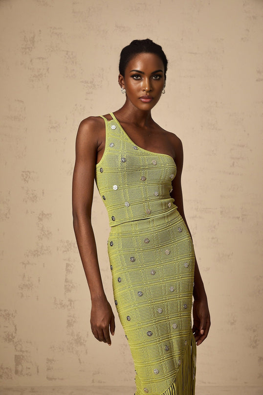 Zelmira Green Embellished Knit Top Skirt Set