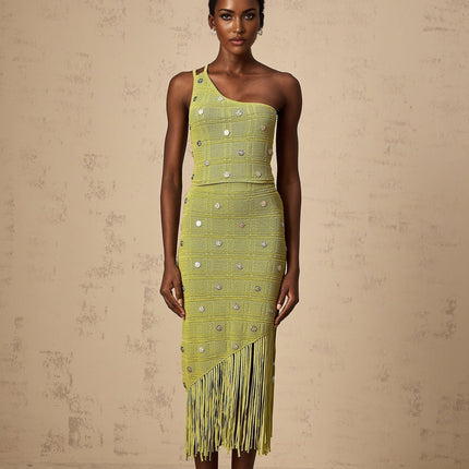 Zelmira Green Embellished Knit Top Skirt Set