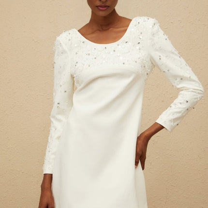 Zelmira White Sequin Crystal Embellished A-line Mini Dress