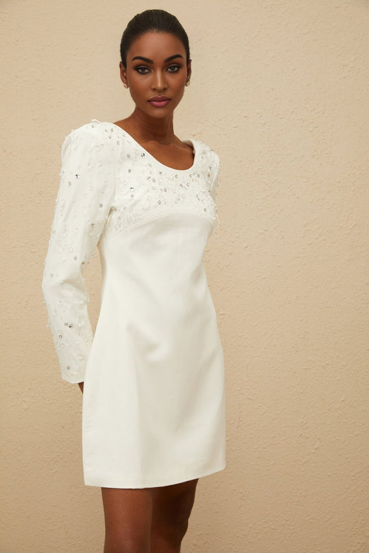 Zelmira White Sequin Crystal Embellished Mini Dress