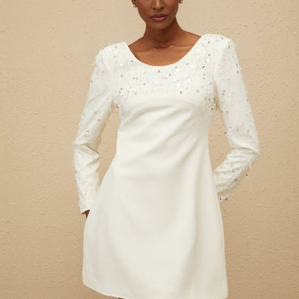 Zelmira White Sequin Crystal Embellished Mini Dress