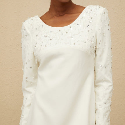 Zelmira White Sequin Crystal Embellished Mini Dress